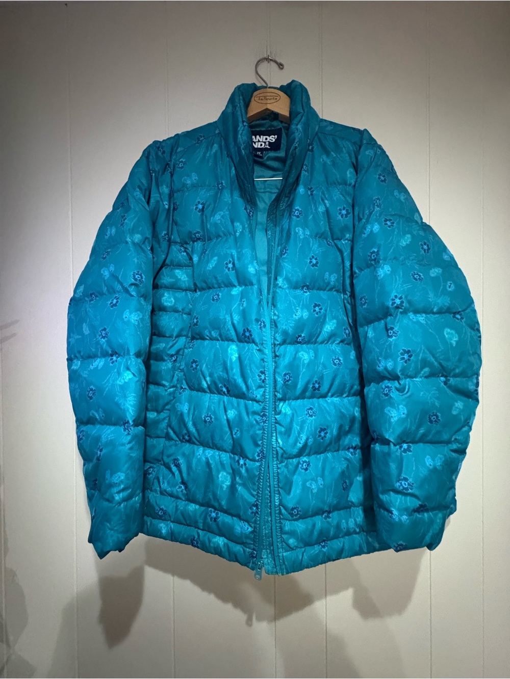 Lands End turquoise floral puffer coat jacket 2X